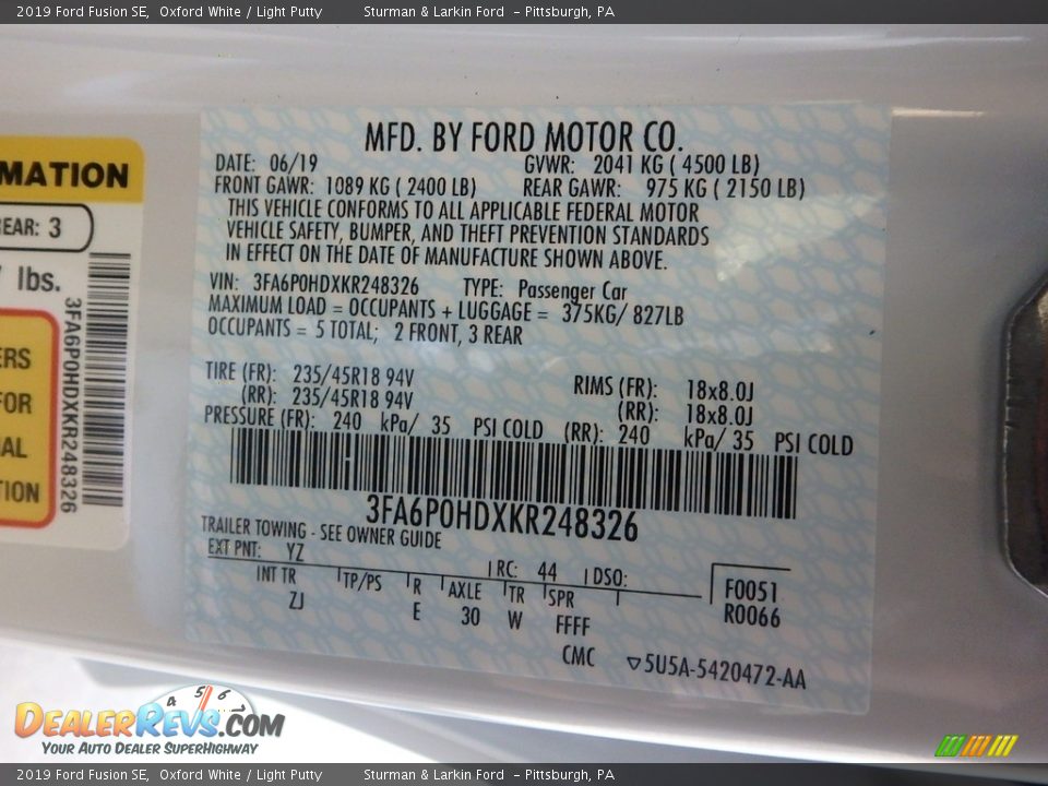 2019 Ford Fusion SE Oxford White / Light Putty Photo #11