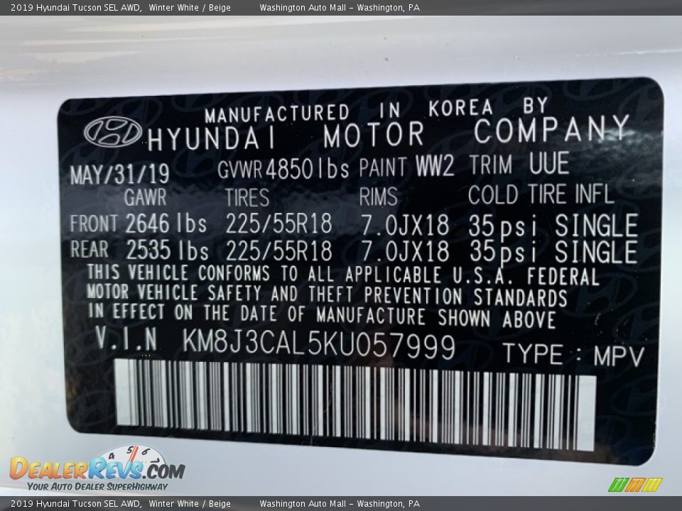 2019 Hyundai Tucson SEL AWD Winter White / Beige Photo #10