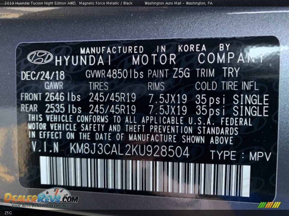 Hyundai Color Code Z5G Magnetic Force Metallic
