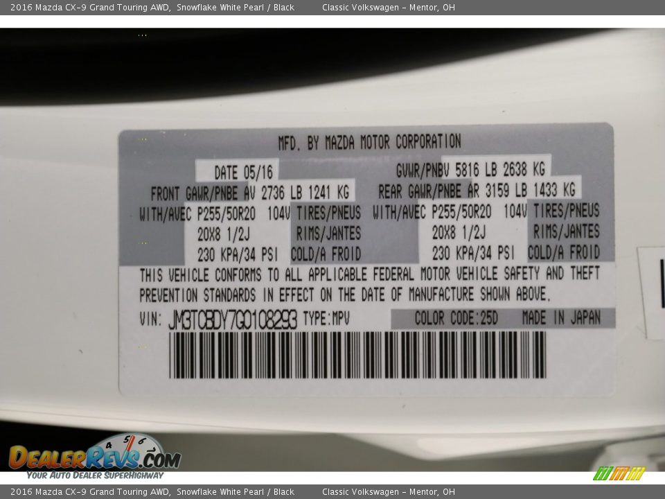 2016 Mazda CX-9 Grand Touring AWD Snowflake White Pearl / Black Photo #34