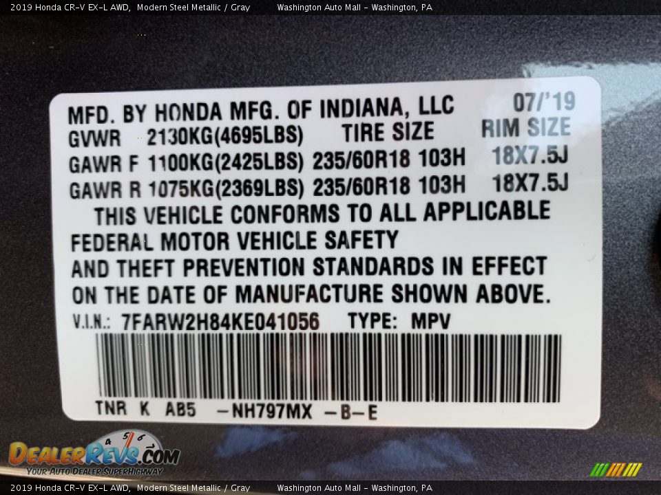 2019 Honda CR-V EX-L AWD Modern Steel Metallic / Gray Photo #9