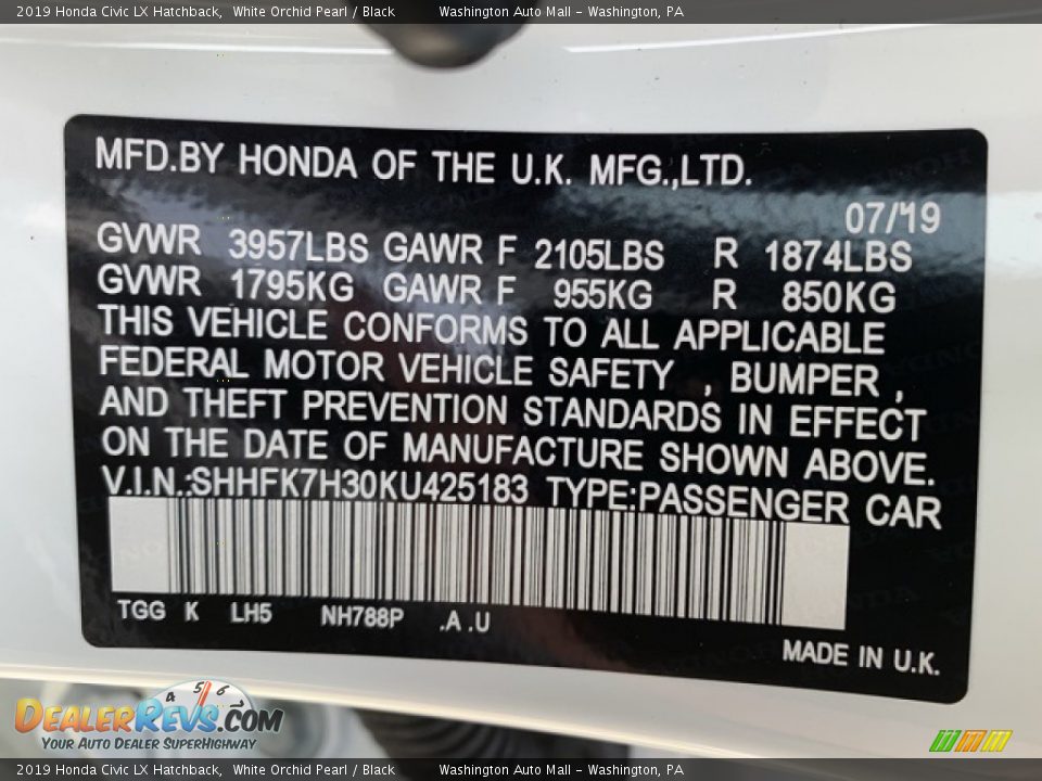 2019 Honda Civic LX Hatchback White Orchid Pearl / Black Photo #9