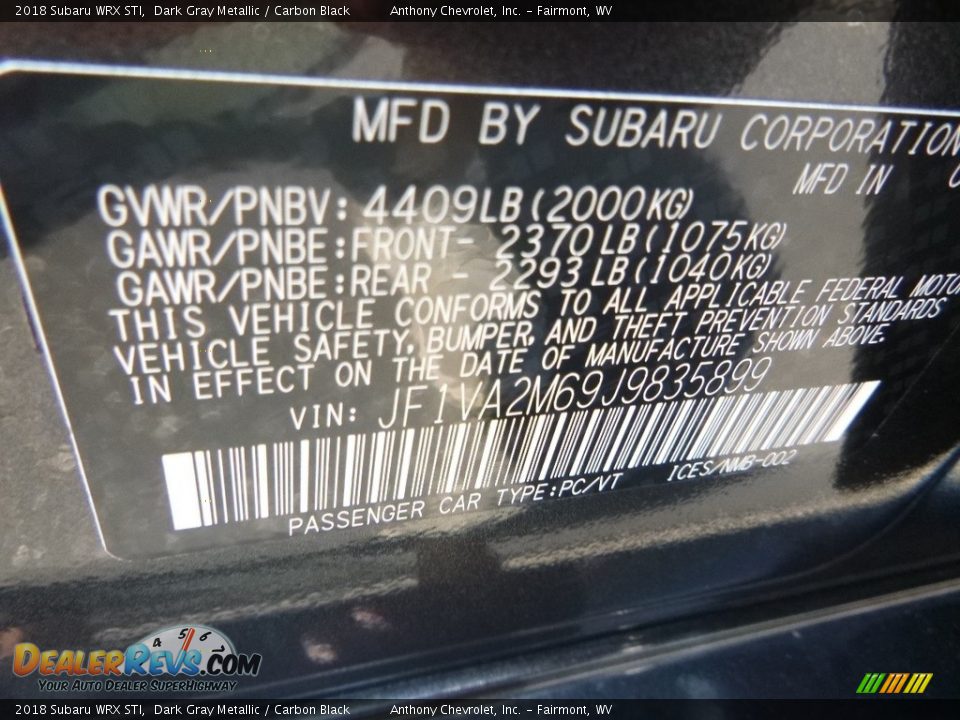 2018 Subaru WRX STI Dark Gray Metallic / Carbon Black Photo #15