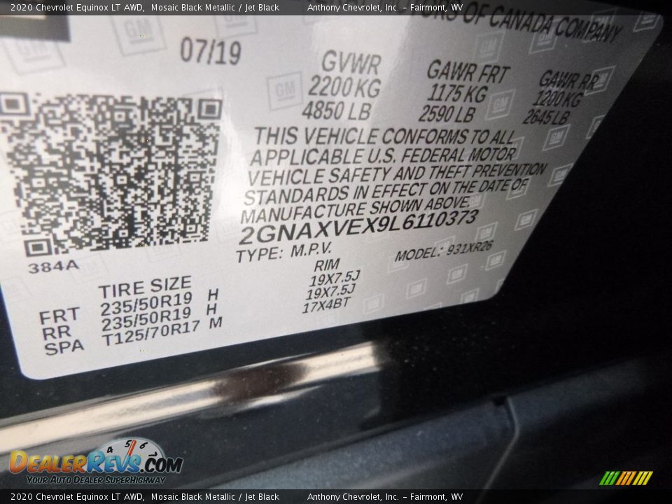 2020 Chevrolet Equinox LT AWD Mosaic Black Metallic / Jet Black Photo #15