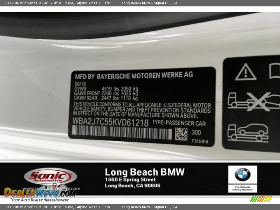 2019 BMW 2 Series M240i xDrive Coupe Alpine White / Black Photo #11