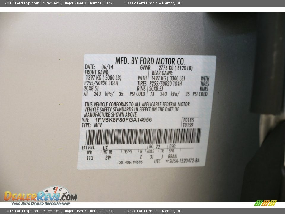 2015 Ford Explorer Limited 4WD Ingot Silver / Charcoal Black Photo #25