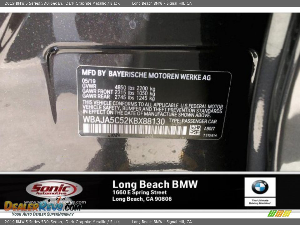 2019 BMW 5 Series 530i Sedan Dark Graphite Metallic / Black Photo #11