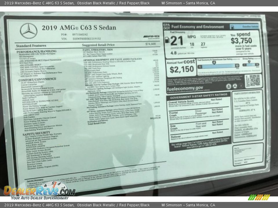 2019 Mercedes-Benz C AMG 63 S Sedan Window Sticker Photo #10