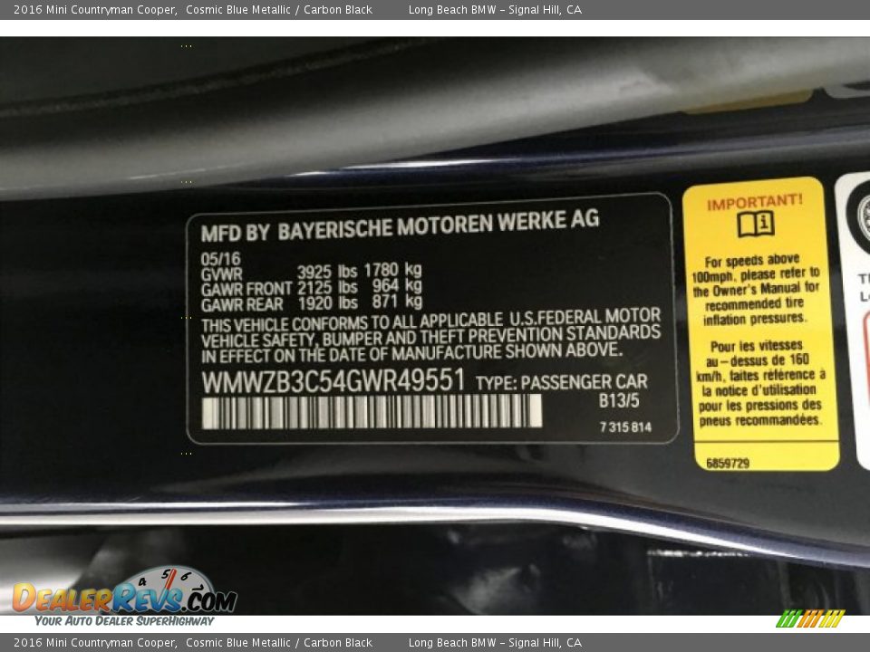 2016 Mini Countryman Cooper Cosmic Blue Metallic / Carbon Black Photo #18