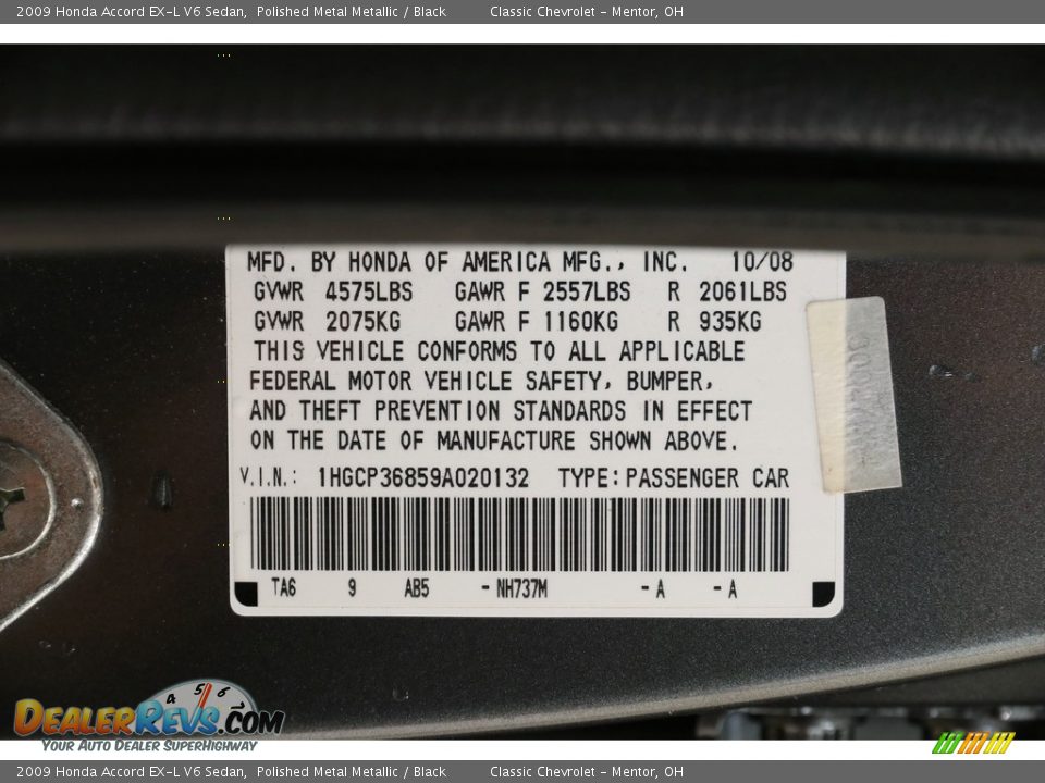 2009 Honda Accord EX-L V6 Sedan Polished Metal Metallic / Black Photo #19