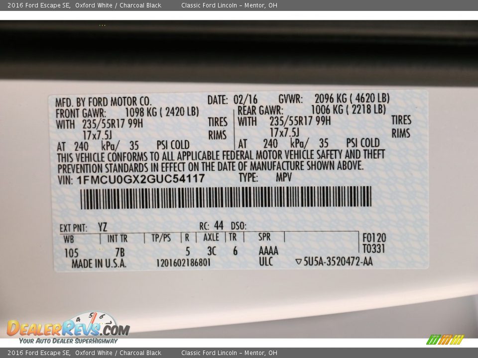 2016 Ford Escape SE Oxford White / Charcoal Black Photo #19