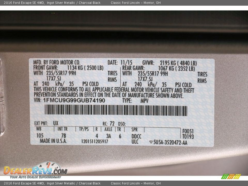 2016 Ford Escape SE 4WD Ingot Silver Metallic / Charcoal Black Photo #18