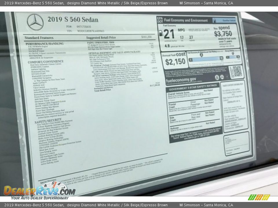 2019 Mercedes-Benz S 560 Sedan designo Diamond White Metallic / Silk Beige/Espresso Brown Photo #10