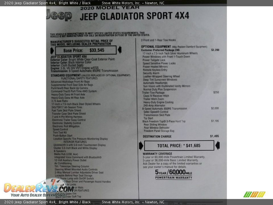 2020 Jeep Gladiator Sport 4x4 Bright White / Black Photo #29