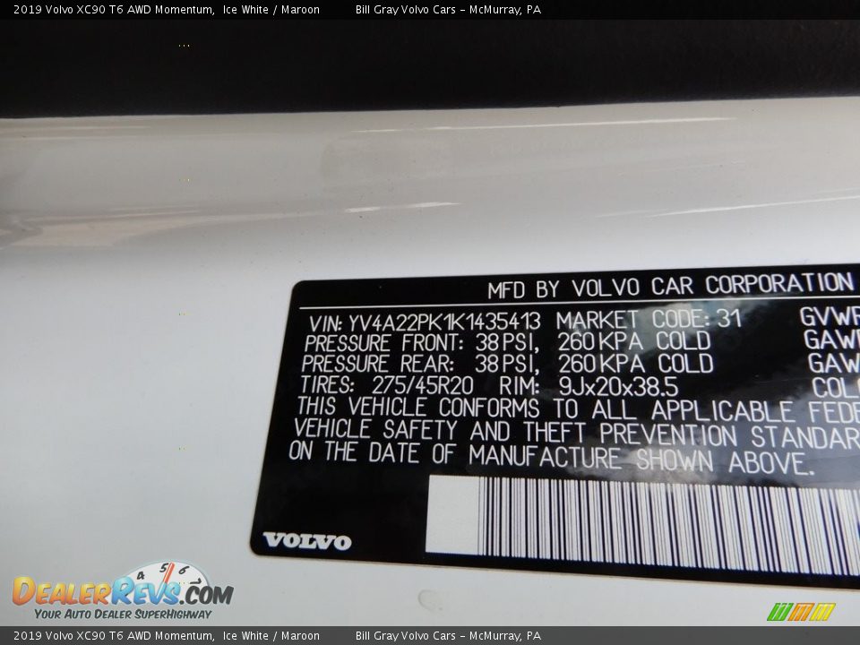 2019 Volvo XC90 T6 AWD Momentum Ice White / Maroon Photo #16