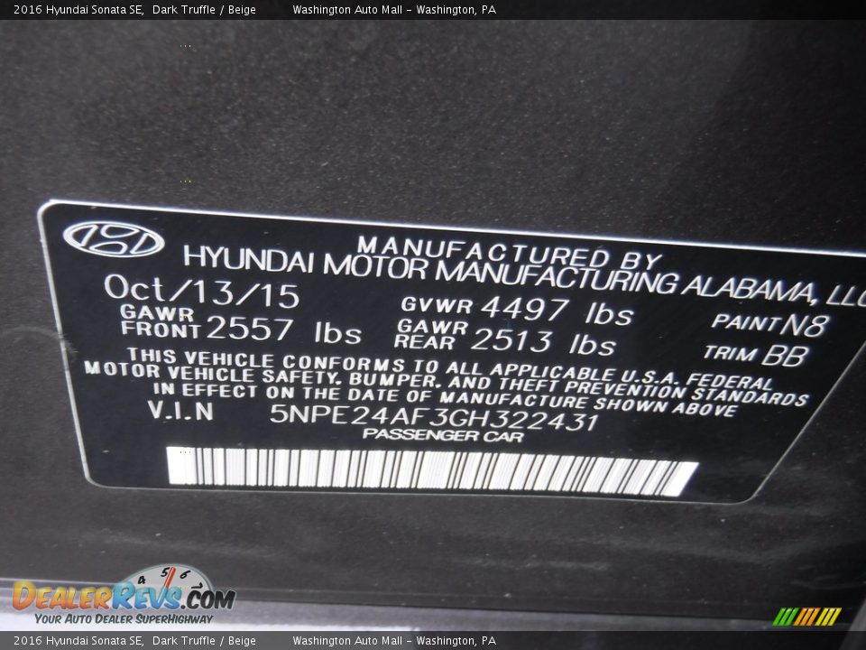 2016 Hyundai Sonata SE Dark Truffle / Beige Photo #26