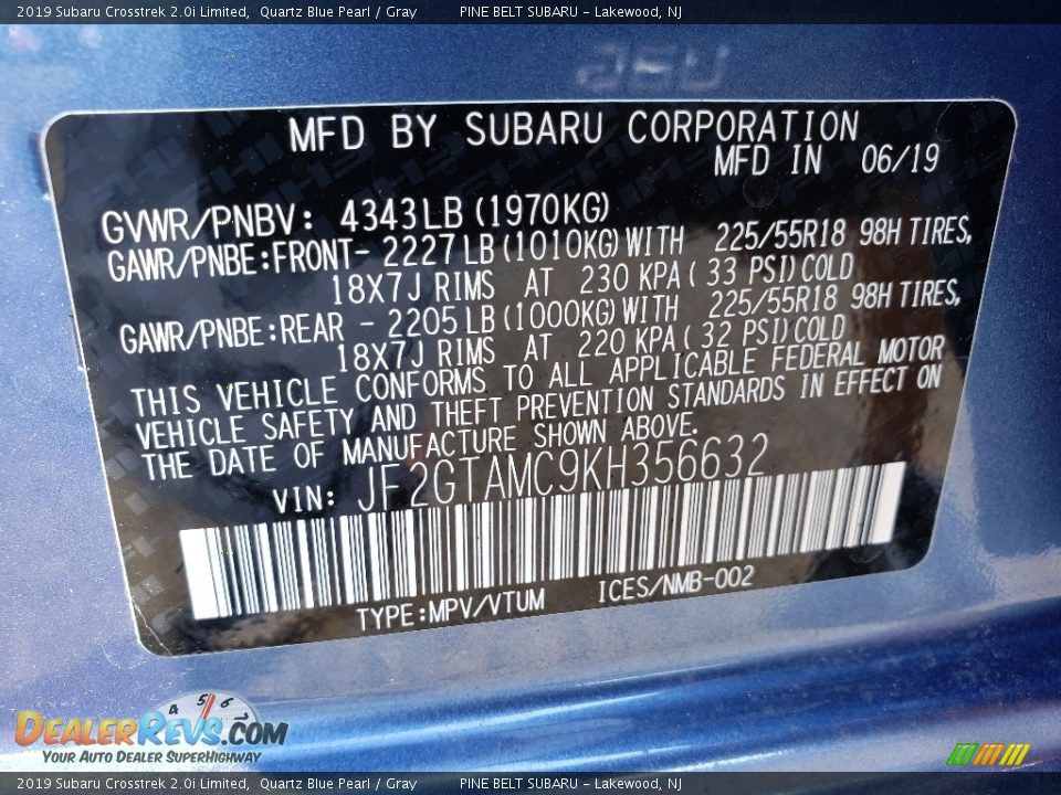 2019 Subaru Crosstrek 2.0i Limited Quartz Blue Pearl / Gray Photo #9