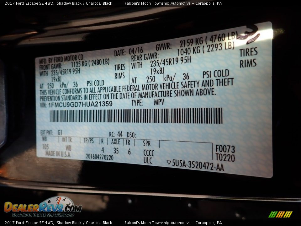 2017 Ford Escape SE 4WD Shadow Black / Charcoal Black Photo #23