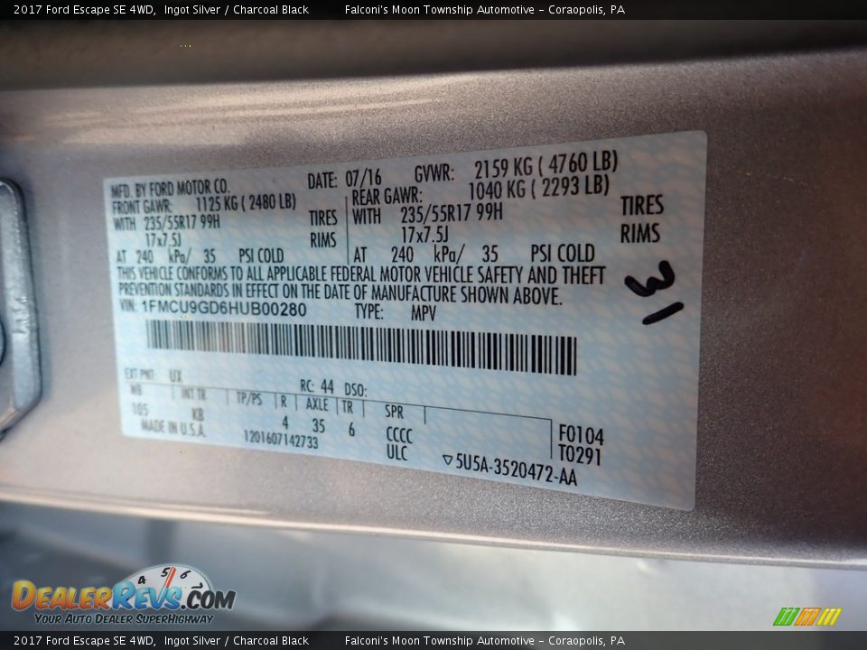 2017 Ford Escape SE 4WD Ingot Silver / Charcoal Black Photo #23