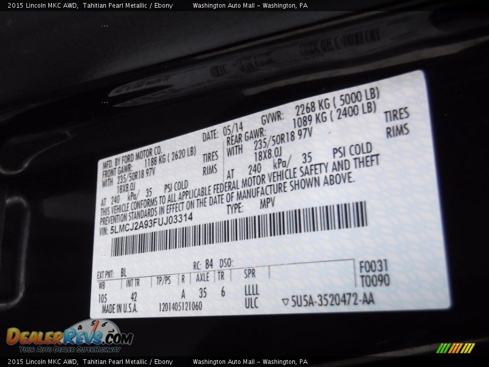 2015 Lincoln MKC AWD Tahitian Pearl Metallic / Ebony Photo #29