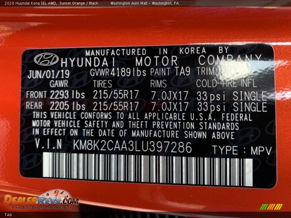 Hyundai Color Code TA9 Sunset Orange