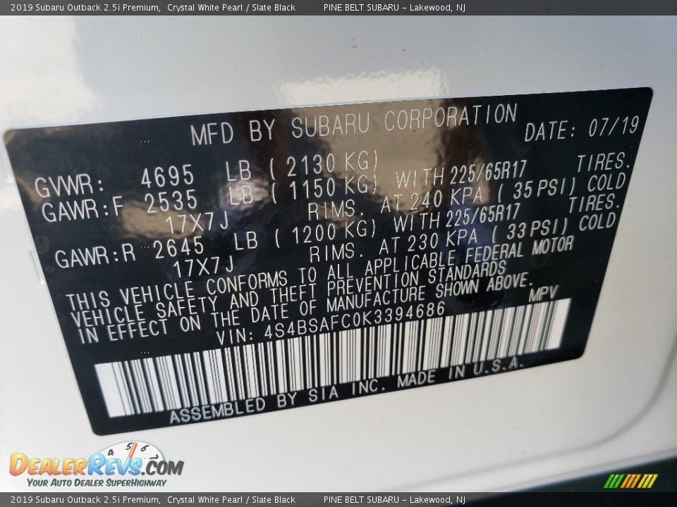2019 Subaru Outback 2.5i Premium Crystal White Pearl / Slate Black Photo #9