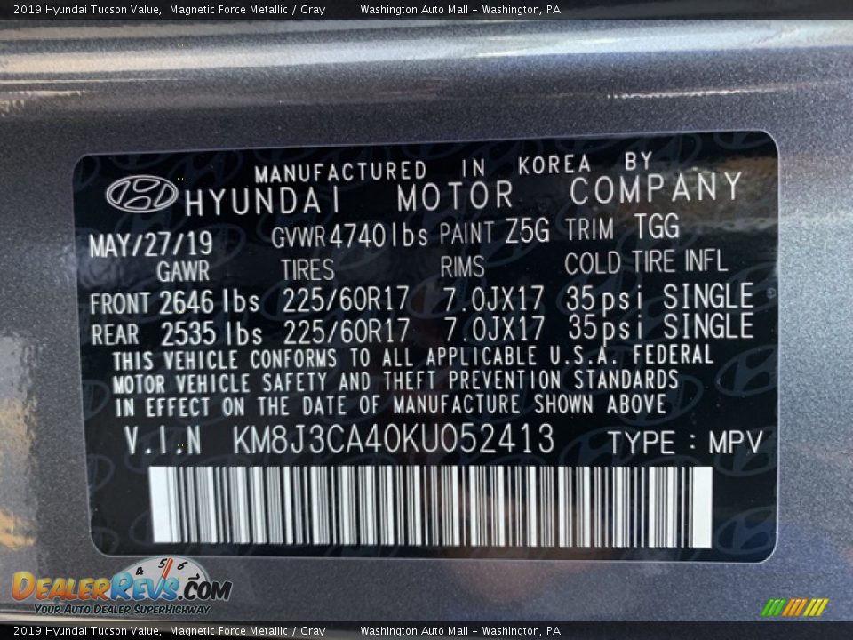 2019 Hyundai Tucson Value Magnetic Force Metallic / Gray Photo #10