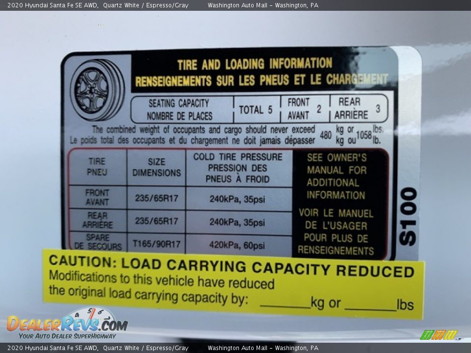 Info Tag of 2020 Hyundai Santa Fe SE AWD Photo #9