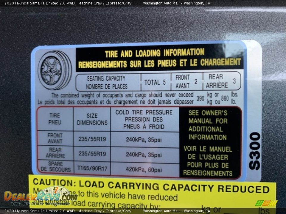 Info Tag of 2020 Hyundai Santa Fe Limited 2.0 AWD Photo #9
