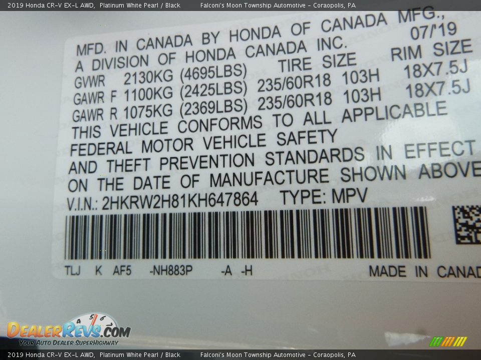 2019 Honda CR-V EX-L AWD Platinum White Pearl / Black Photo #12