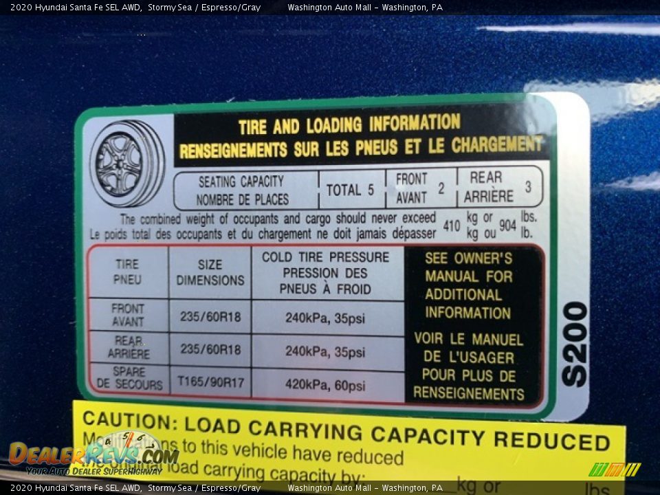 Info Tag of 2020 Hyundai Santa Fe SEL AWD Photo #9