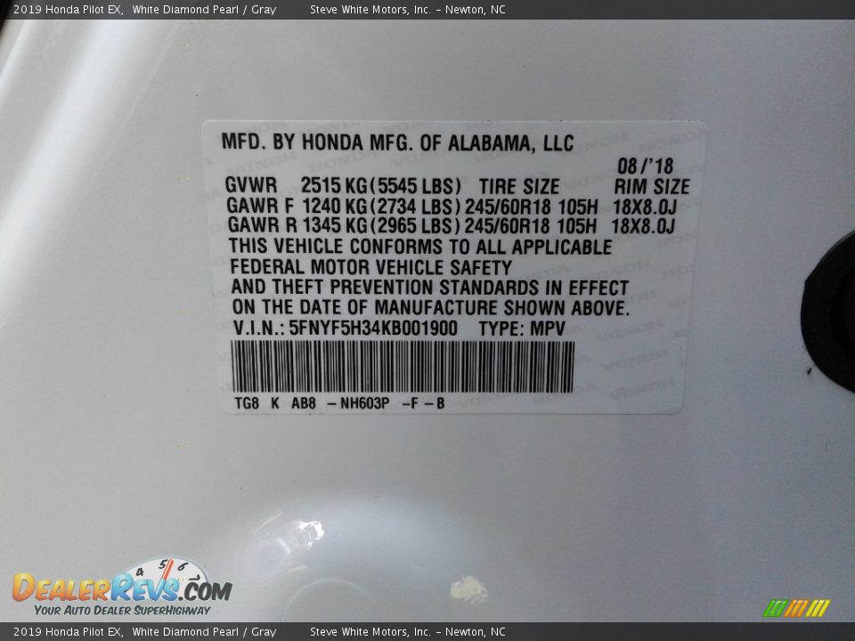 2019 Honda Pilot EX White Diamond Pearl / Gray Photo #32