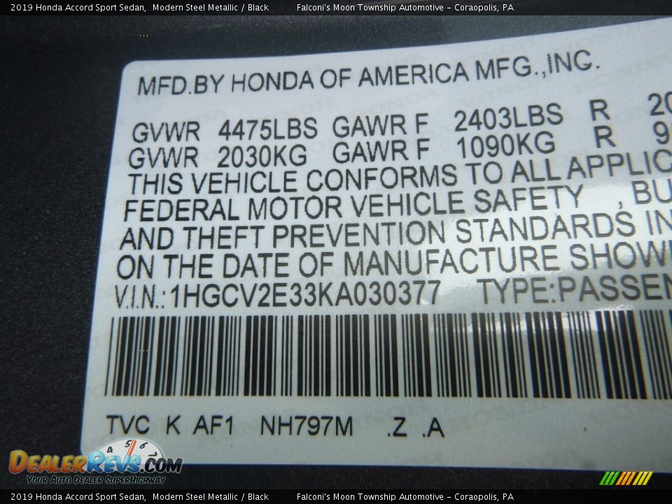 2019 Honda Accord Sport Sedan Modern Steel Metallic / Black Photo #12