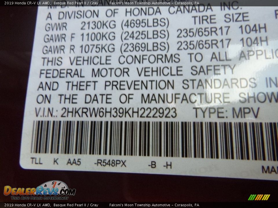 2019 Honda CR-V LX AWD Basque Red Pearl II / Gray Photo #13