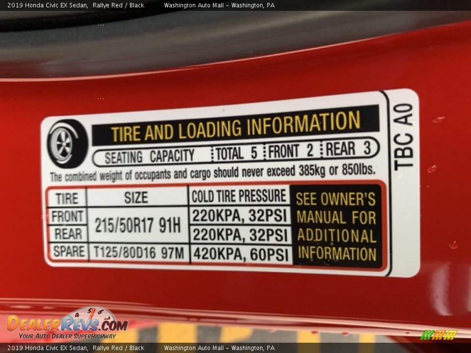 Info Tag of 2019 Honda Civic EX Sedan Photo #8