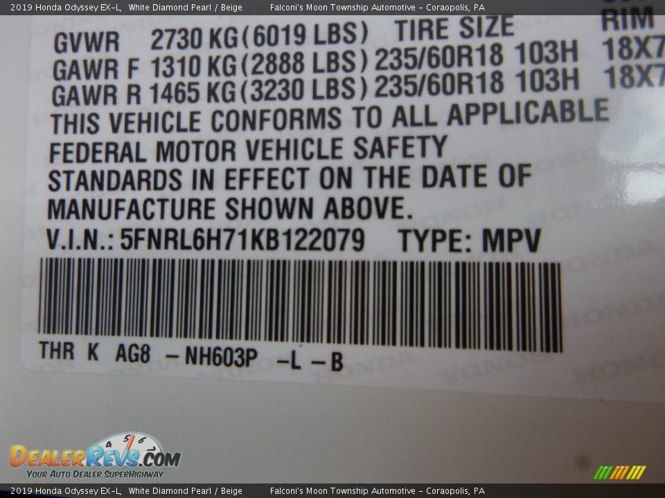 2019 Honda Odyssey EX-L White Diamond Pearl / Beige Photo #12