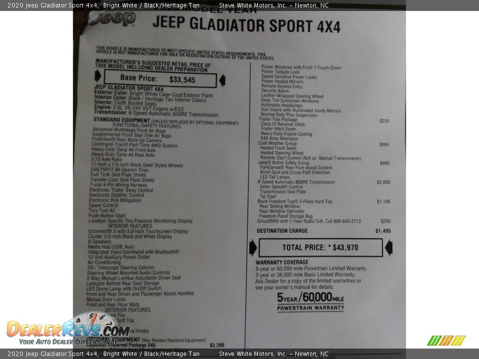 2020 Jeep Gladiator Sport 4x4 Bright White / Black/Heritage Tan Photo #28