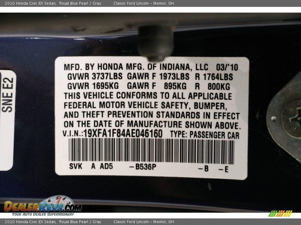 2010 Honda Civic EX Sedan Royal Blue Pearl / Gray Photo #18