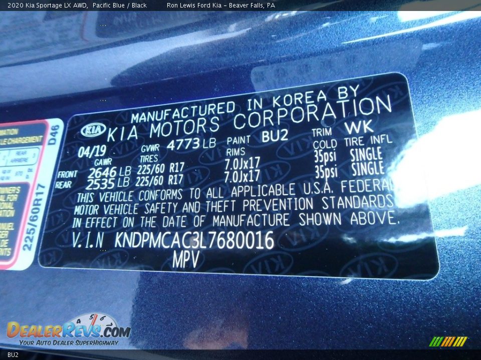 Kia Color Code BU2 Pacific Blue