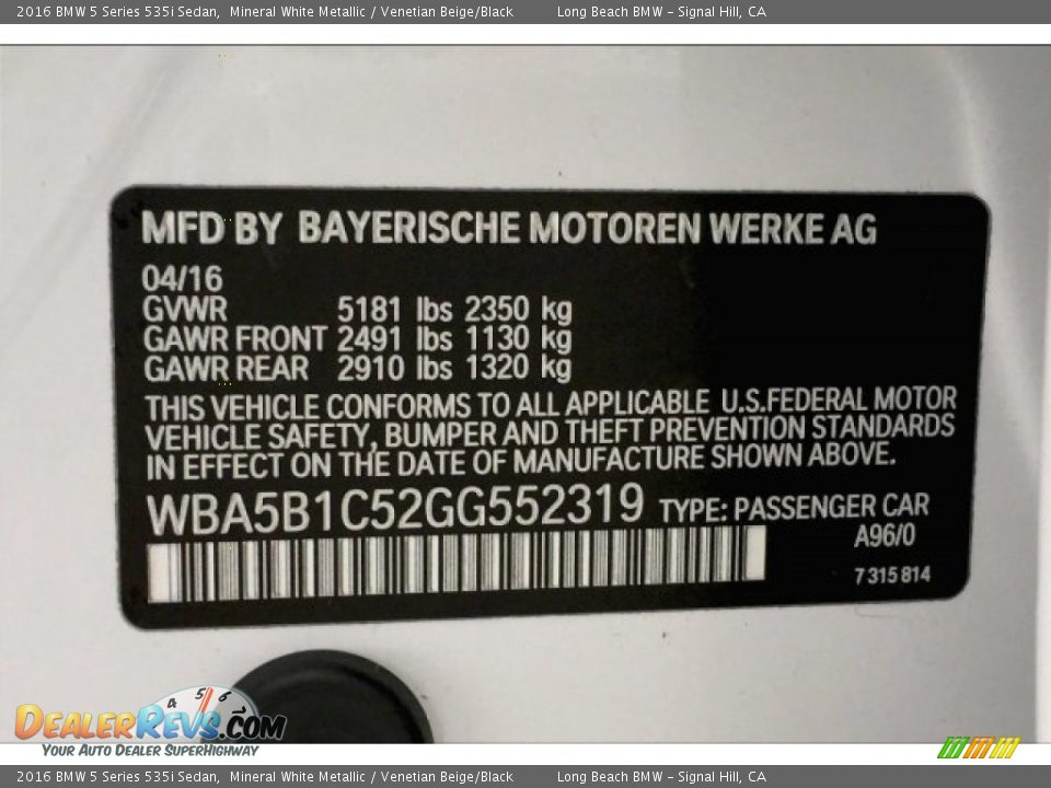 2016 BMW 5 Series 535i Sedan Mineral White Metallic / Venetian Beige/Black Photo #19