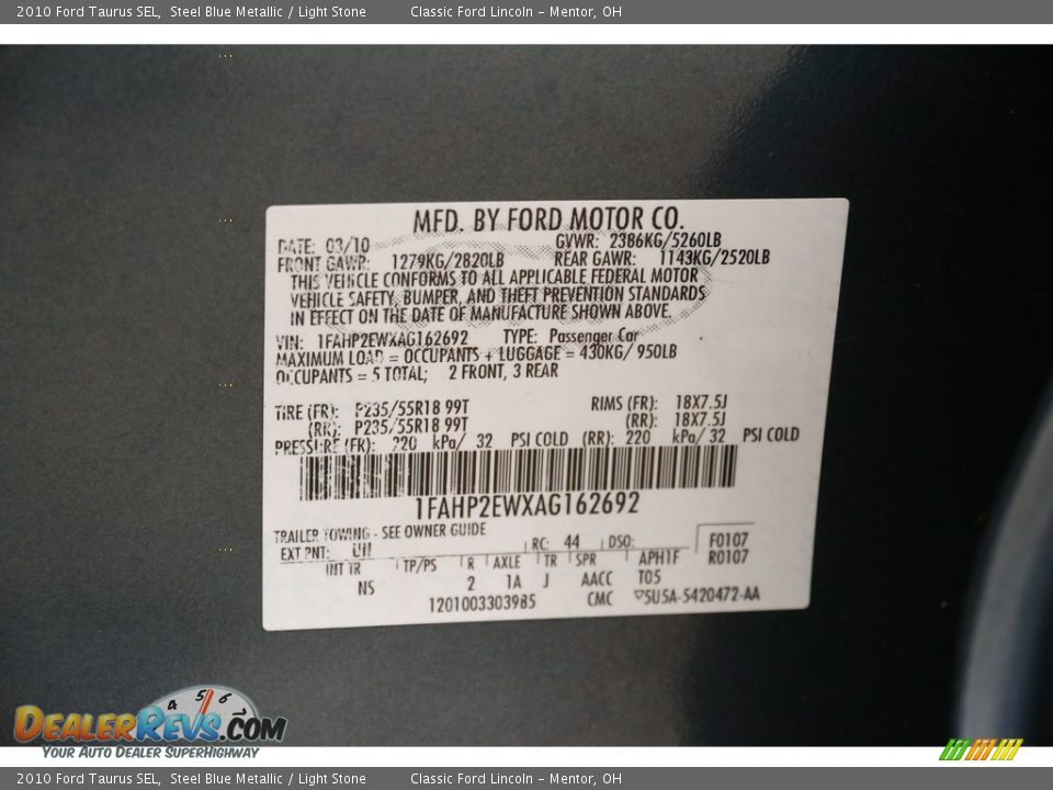 2010 Ford Taurus SEL Steel Blue Metallic / Light Stone Photo #20