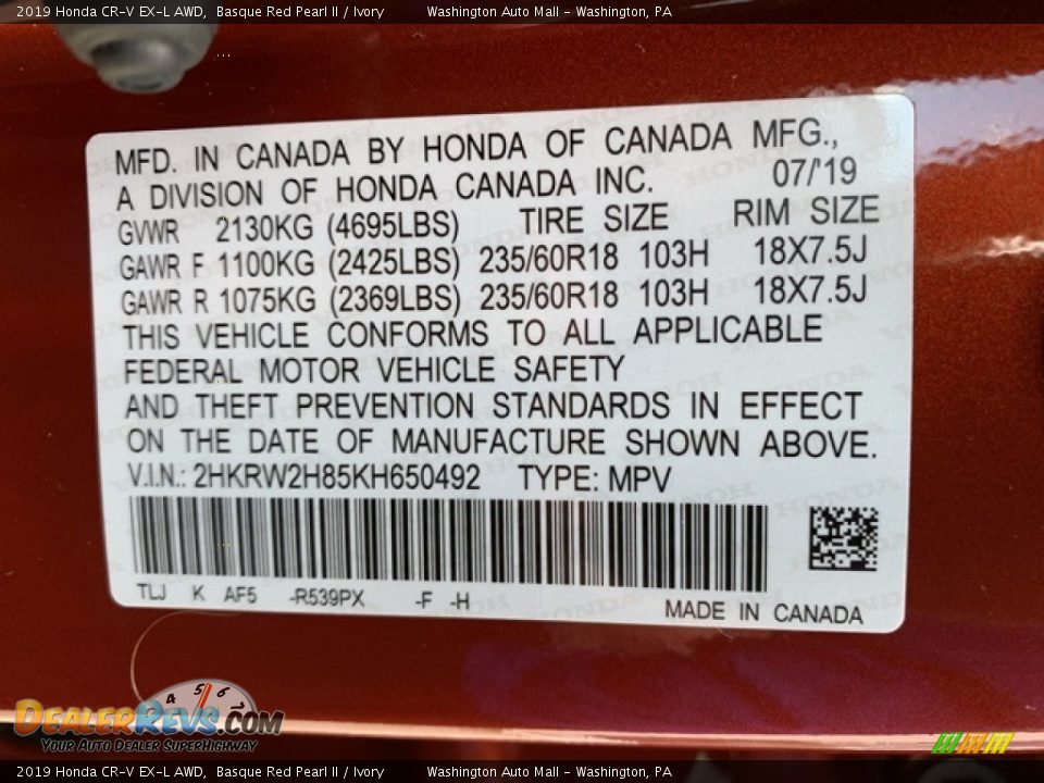 2019 Honda CR-V EX-L AWD Basque Red Pearl II / Ivory Photo #9