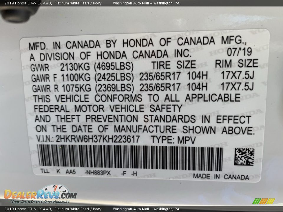 2019 Honda CR-V LX AWD Platinum White Pearl / Ivory Photo #9