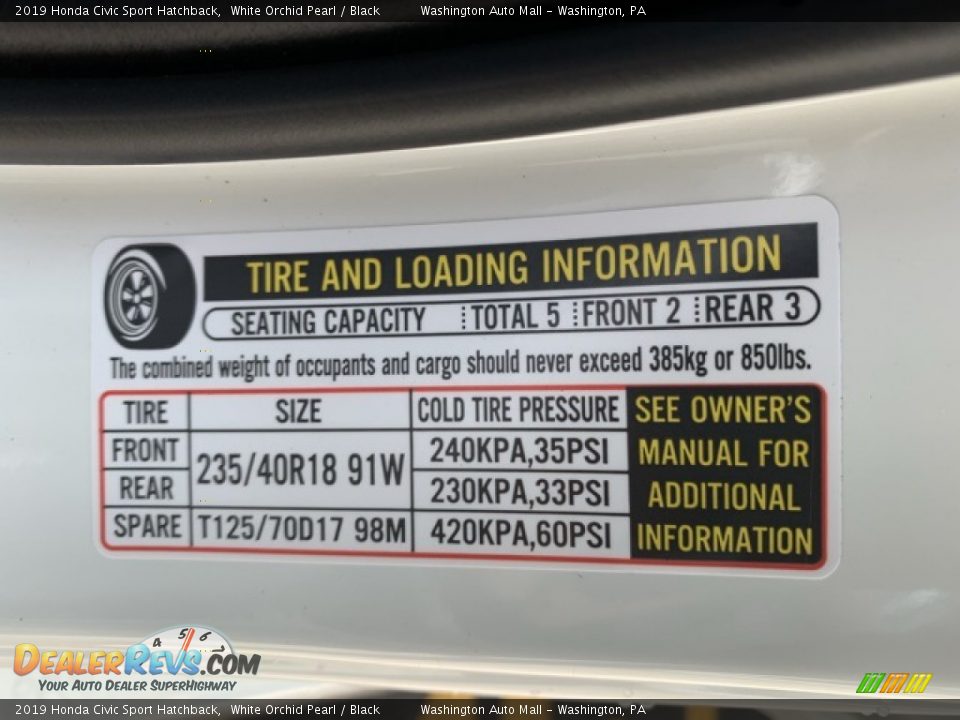 2019 Honda Civic Sport Hatchback White Orchid Pearl / Black Photo #8