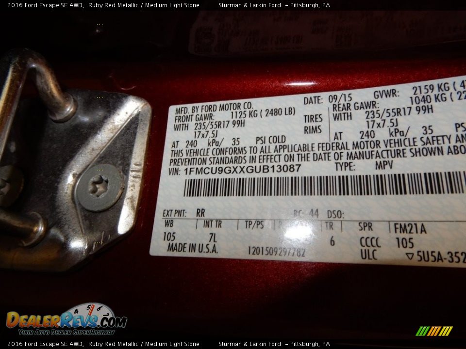 2016 Ford Escape SE 4WD Ruby Red Metallic / Medium Light Stone Photo #20