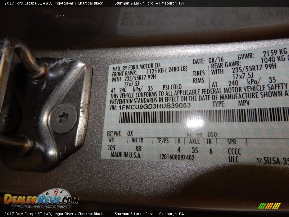 2017 Ford Escape SE 4WD Ingot Silver / Charcoal Black Photo #20