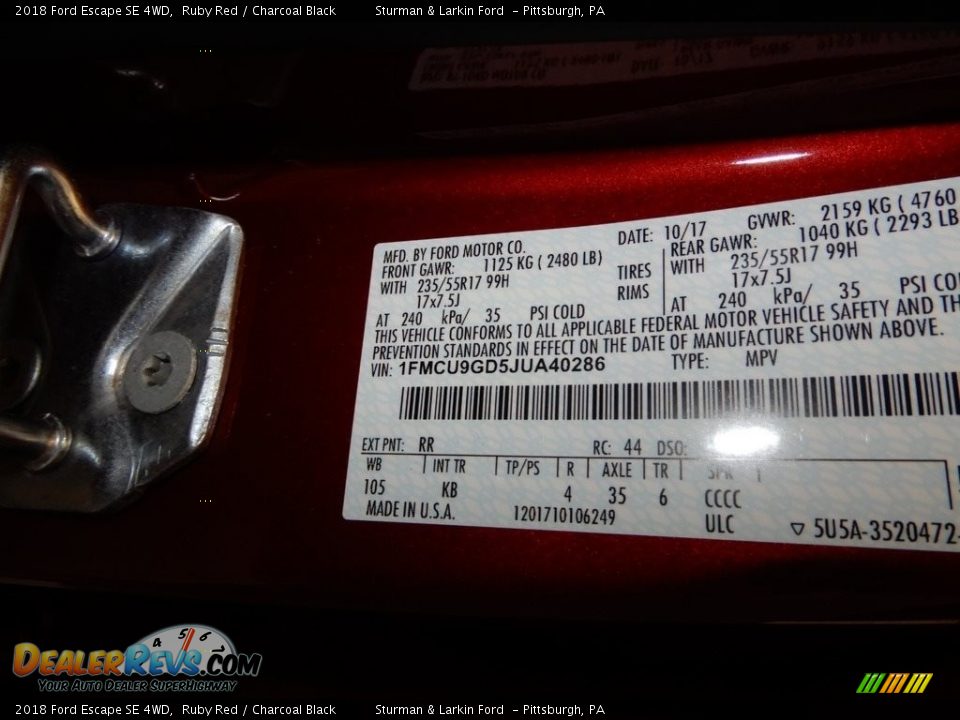 2018 Ford Escape SE 4WD Ruby Red / Charcoal Black Photo #20