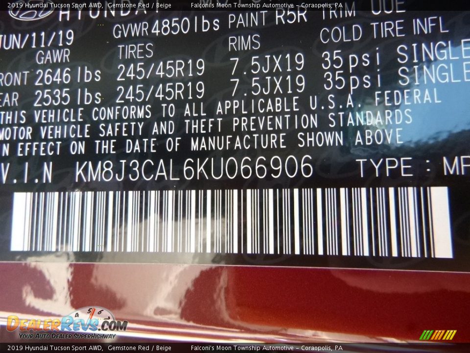 2019 Hyundai Tucson Sport AWD Gemstone Red / Beige Photo #12