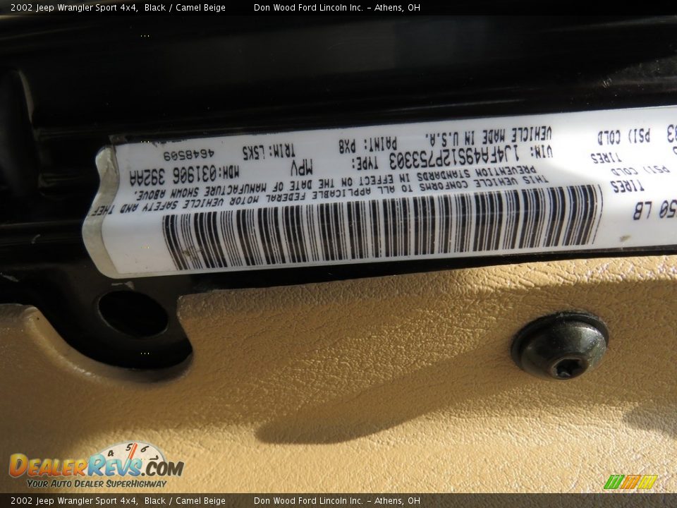 2002 Jeep Wrangler Sport 4x4 Black / Camel Beige Photo #32