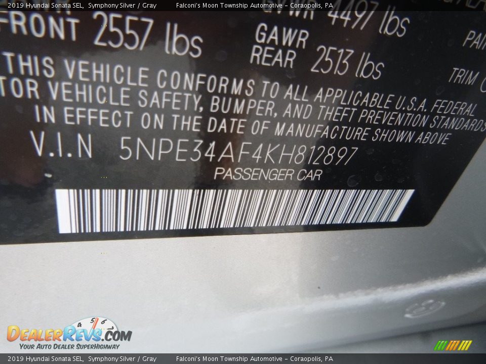2019 Hyundai Sonata SEL Symphony Silver / Gray Photo #12